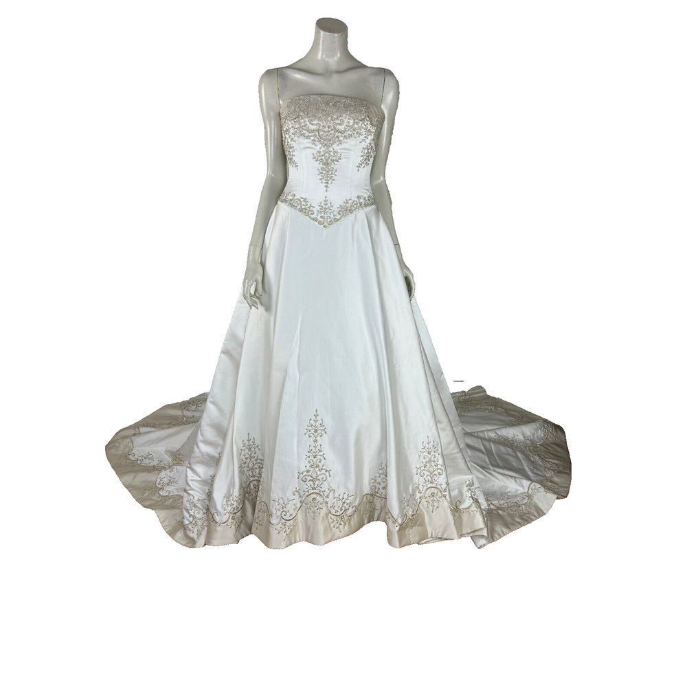Allure Bridals‎ A-line Corset Embroidered Satin Wedding Dress Women 8 NWT Ivory